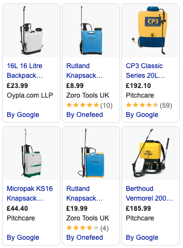 Snapshot from Google Shopping for Knapsack Sprayers 